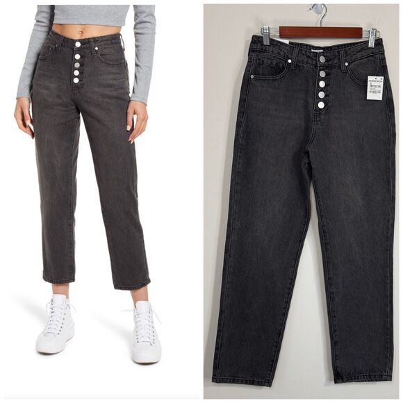 BP Nordstrom Button Fly Mom Jeans Size 28 Faded Black Straight Leg Cropped - Picture 1 of 13